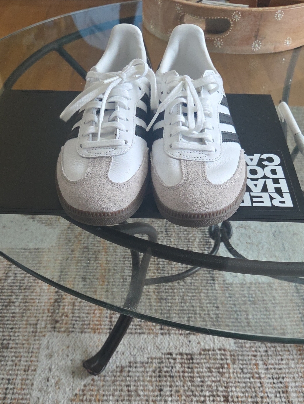 adidas Kids White Sneakers with Black Stripes and Light Tan Suede Accents